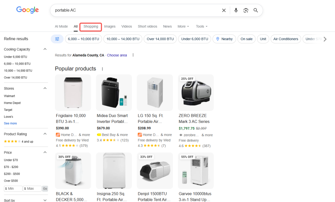 Google便携式空调商品搜索结果及属性筛选项